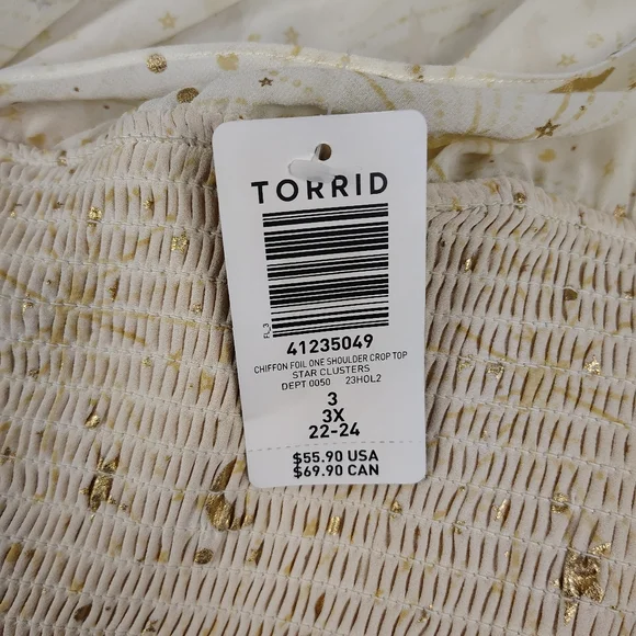 NWT Torrid Chiffon Foil One Shoulder Crop Top In Cream and Gold Combo 3X - Picture 6 of 8